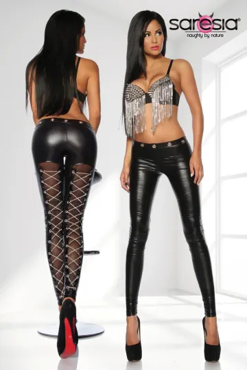 Wetlook-Leggings schwarz mit Kettchen