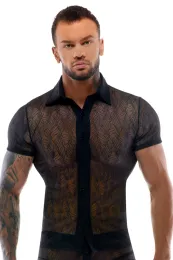 Enges Halbarm-Hemd aus Spitze schwarz