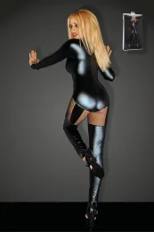 F136 Powerwetlook Overall mit Tüll Elementen und 3-Wege Zipper QUEEN schwarz