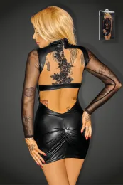 F142 Powerwetlook mit Tüll Minikleid mit Applikationen VIP schwarz