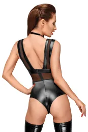 F183 Powerwetlook Body mit Tülleinsätzen und Choker aus zartem Samt schwarz