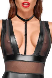 F183 Powerwetlook Body mit Tülleinsätzen und Choker aus zartem Samt schwarz