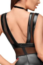 F183 Powerwetlook Body mit Tülleinsätzen und Choker aus zartem Samt schwarz