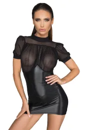 F204 Minikleid mit Tüll-Oberteil, bauschigen Ärmeln und Korsettelement schwarz