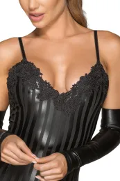 F208 Powerwetlook Minikleid mit dekorativer Stickerei schwarz