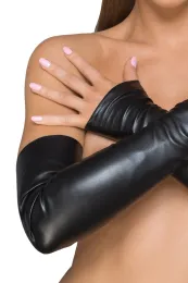 F213 Fingerlose Handschuhe aus elastischem Kunstleder schwarz