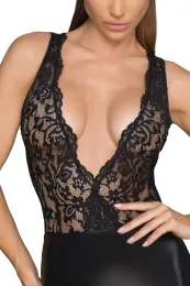 F214 Powerwetlook und Lace Minikleid mit tiefem Ausschnitt am Rücken schwarz