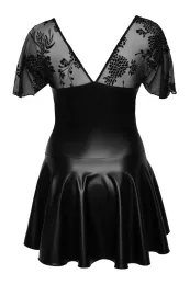 F267 Wetlook Kleid mit Powertwetlook Rock und Trompetenärmel schwarz
