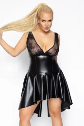 F268 Powerwetlook Kleid mit Oberteil aus weicher Spitze schwarz