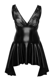 F268 Powerwetlook Kleid mit Oberteil aus weicher Spitze schwarz