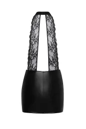 F279 Kurzes Powerwetlook Kleid mit Spitze schwarz