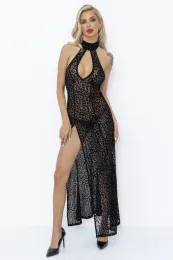 F288 Langes Flockkleid im Leoparden-Look mit Schlitz schwarz