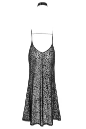 F288 Langes Flockkleid im Leoparden-Look mit Schlitz schwarz