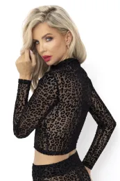 F289 Top aus Leopardenflock mit angen Ärmeln schwarz