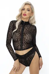 F289 Top aus Leopardenflock mit angen Ärmeln schwarz