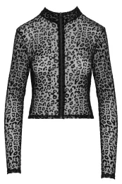 F289 Top aus Leopardenflock mit angen Ärmeln schwarz