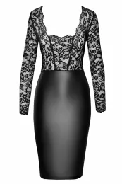F295 Midikleid aus Spitze und Wetlook schwarz
