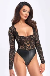 F296 Body aus Spitze und Wetlook schwarz