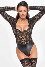 F296 Body aus Spitze und Wetlook schwarz