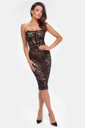 F301 halblanges Corsagen-Kleid aus Spitze schwarz