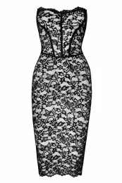 F301 halblanges Corsagen-Kleid aus Spitze schwarz