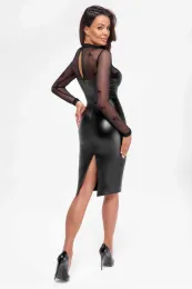 F310 halblanges Powerwetlook Kleid mit Tüll schwarz