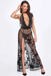 F312 langes Kleid aus Netzmaterial schwarz