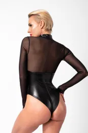 F321 Wetlook/Tüll Body mit Ringen schwarz