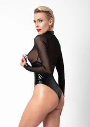 F321 Wetlook/Tüll Body mit Ringen schwarz