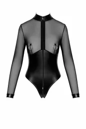 F321 Wetlook/Tüll Body mit Ringen schwarz