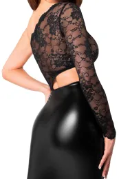 F339 halblanges Wetlook Kleid mit Spitze schwarz