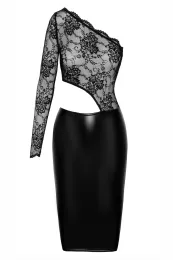 F339 halblanges Wetlook Kleid mit Spitze schwarz