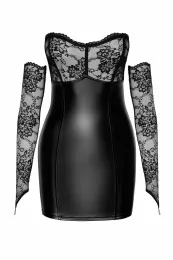 F340 Wetlook Minikleid mit Spitze schwarz