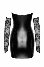 F340 Wetlook Minikleid mit Spitze schwarz