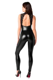 F342 Wetlook Overall mit Spitzen Ausschnitt schwarz