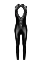 F342 Wetlook Overall mit Spitzen Ausschnitt schwarz