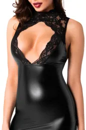 F343 Wetlook Minikleid mit Spitze schwarz