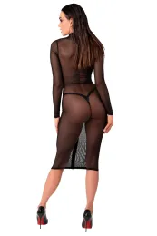 F347 halblanges Kleid aus feinem Netz schwarz