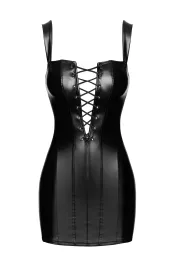 F363 Wetlook Minikleid mit Schnürung schwarz