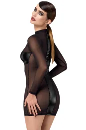 F369 Crossfire Netz und Wetlook Minikleid schwarz