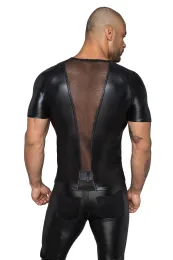 H056 Herren T-Shirt aus Powerwetlook mit 3D Netzeinsätzen schwarz