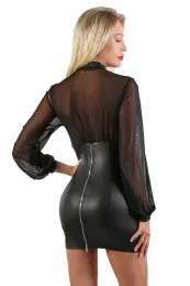 Langarm Wetlook Kleid schwarz