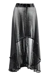 Langer Netz Rock mit Lack-Bund schwarz