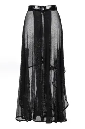 Langer Netz Rock mit Lack-Bund schwarz