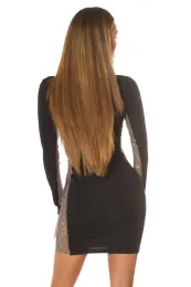 Schwarzes Langarm Minikleid mit Strass