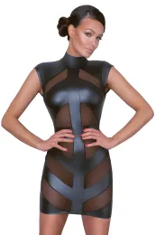 Tailliertes Kleid in Mattlook und Netz schwarz