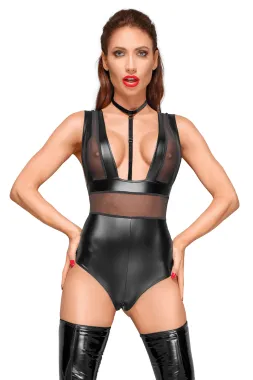 F183 Powerwetlook Body mit Tülleinsätzen und Choker aus zartem Samt schwarz