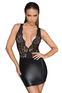 F214 Powerwetlook und Lace Minikleid mit tiefem Ausschnitt am Rücken schwarz