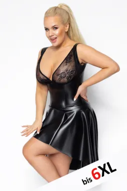 F268 Powerwetlook Kleid mit Oberteil aus weicher Spitze schwarz