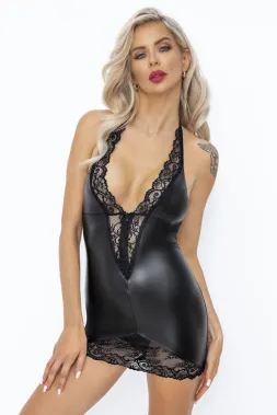 F283 Powerwetlook Minikleid mit tiefem Rückenausschnitt und Reißverschluss schwarz